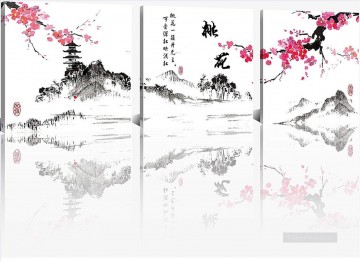 plum blossom in ink style in set panels Oil Paintings